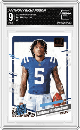 Anthony Richardson from the 2023 Panini Donruss set graded by Arena Club and given an overall grade of 9.
