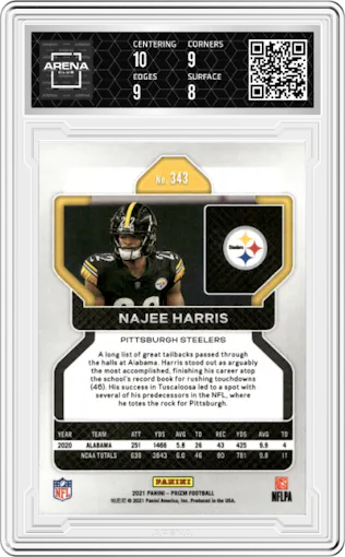 Najee Harris from the 2021 Panini Prizm set graded by Arena Club and given an overall grade of 8.5.