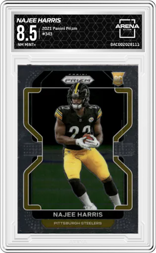 Najee Harris from the 2021 Panini Prizm set graded by Arena Club and given an overall grade of 8.5.