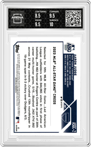 Aaron Judge from the 2023 Topps Chrome Update set graded by Arena Club and given an overall grade of 9.