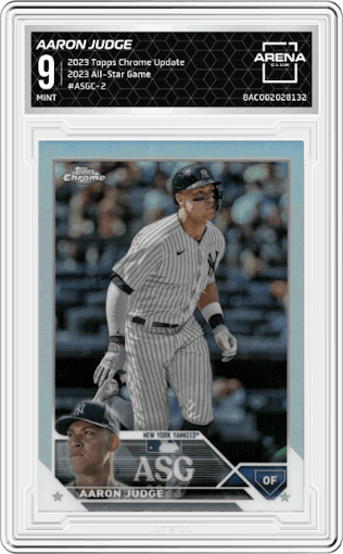 Aaron Judge from the 2023 Topps Chrome Update set graded by Arena Club and given an overall grade of 9.