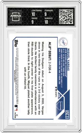 Miguel Vargas from the 2023 Topps Chrome Update set featuring a Prism Refractor parallel graded by Arena Club and given an overall grade of 9.5.