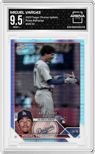 Miguel Vargas from the 2023 Topps Chrome Update set featuring a Prism Refractor parallel graded by Arena Club and given an overall grade of 9.5.