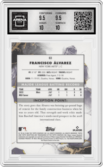 Francisco Alvarez from the 2023 Topps Inception set graded by Arena Club and given an overall grade of 10.