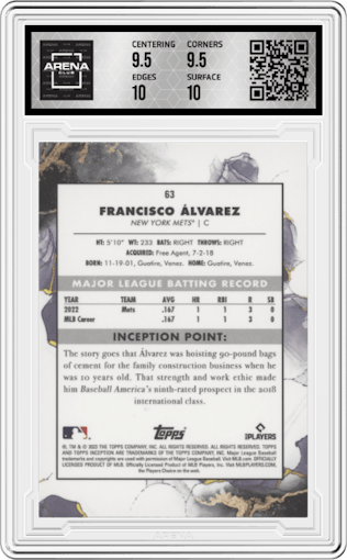 Francisco Alvarez from the 2023 Topps Inception set graded by Arena Club and given an overall grade of 10.