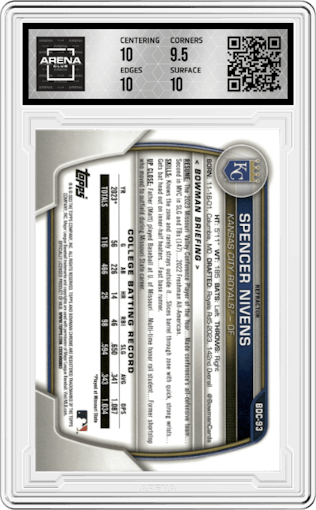 Spencer Nivens from the 2023 Bowman Draft set featuring a Refractor parallel graded by Arena Club and given an overall grade of 10.