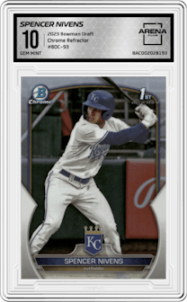 Spencer Nivens from the 2023 Bowman Draft set featuring a Refractor parallel graded by Arena Club and given an overall grade of 10.
