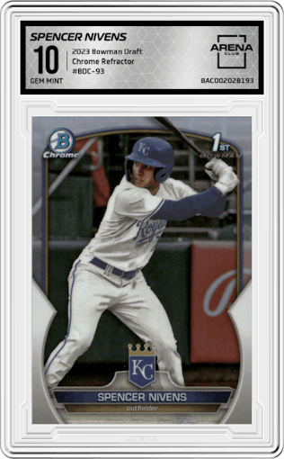 Spencer Nivens from the 2023 Bowman Draft set featuring a Refractor parallel graded by Arena Club and given an overall grade of 10.