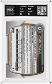 Jacob Wilson from the 2023 Bowman Draft set graded by Arena Club and given an overall grade of 9.5.