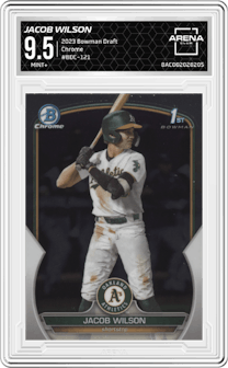 Jacob Wilson from the 2023 Bowman Draft set graded by Arena Club and given an overall grade of 9.5.