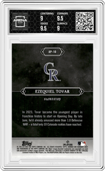 Ezequiel Tovar from the 2023 Bowman's Best set graded by Arena Club and given an overall grade of 9.5.