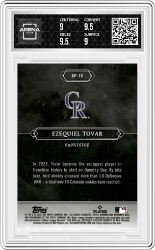 Ezequiel Tovar from the 2023 Bowman's Best set graded by Arena Club and given an overall grade of 9.5.
