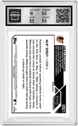 Adley Rutschman from the 2023 Topps Chrome Update set graded by Arena Club and given an overall grade of 10.