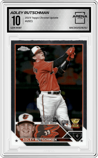 Adley Rutschman from the 2023 Topps Chrome Update set graded by Arena Club and given an overall grade of 10.