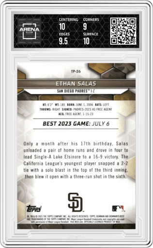 Ethan Salas from the 2023 Bowman's Best set graded by Arena Club and given an overall grade of 9.5.