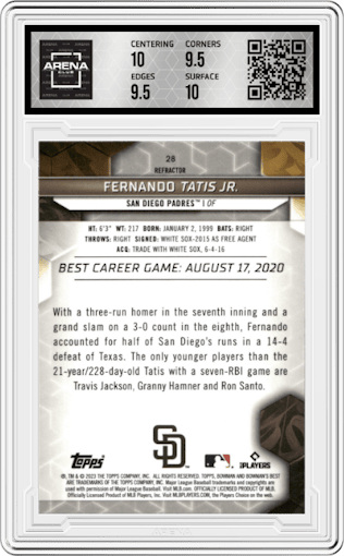Fernando Tatis Jr. from the 2023 Bowman's Best set featuring a Refractor parallel graded by Arena Club and given an overall grade of 10.