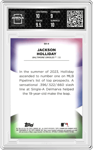 Jackson Holliday from the 2023 Bowman's Best set graded by Arena Club and given an overall grade of 9.5.