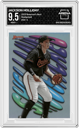 Jackson Holliday from the 2023 Bowman's Best set graded by Arena Club and given an overall grade of 9.5.