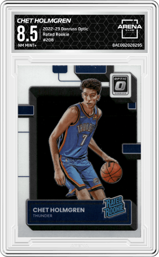Chet Holmgren from the 2022-23 Panini Donruss Optic  set graded by Arena Club and given an overall grade of 8.5.