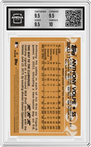 Anthony Volpe from the 2023 Topps Chrome Update set graded by Arena Club and given an overall grade of 10.