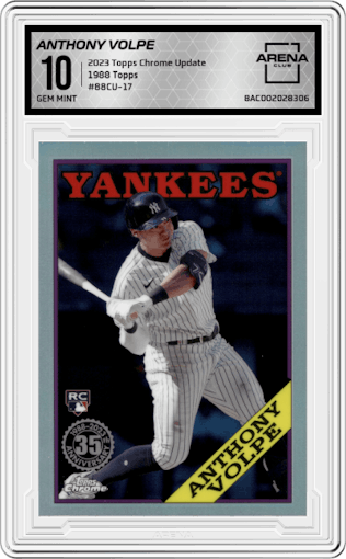Anthony Volpe from the 2023 Topps Chrome Update set graded by Arena Club and given an overall grade of 10.
