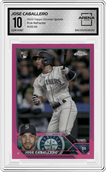 Jose Caballero from the 2023 Topps Chrome Update set featuring a Pink Refractor parallel graded by Arena Club and given an overall grade of 10.