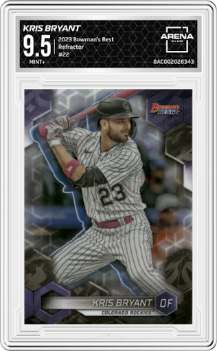Kris Bryant from the 2023 Bowman's Best set featuring a Refractor parallel graded by Arena Club and given an overall grade of 9.5.
