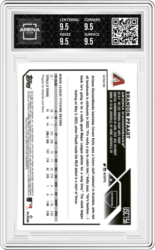 Brandon Pfaadt from the 2023 Topps Chrome Update set featuring a Refractor parallel graded by Arena Club and given an overall grade of 9.5.