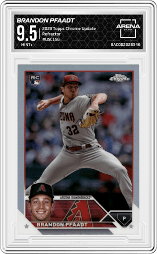 Brandon Pfaadt from the 2023 Topps Chrome Update set featuring a Refractor parallel graded by Arena Club and given an overall grade of 9.5.