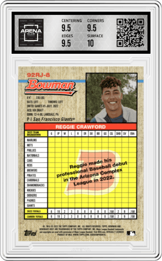 Reggie Crawford from the 2023 Bowman's Best set graded by Arena Club and given an overall grade of 10.