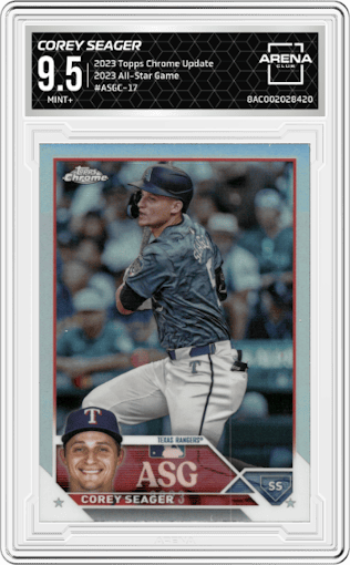 Corey Seager from the 2023 Topps Chrome Update set graded by Arena Club and given an overall grade of 9.5.
