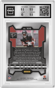 Bijan Robinson from the 2023 Panini Prizm set graded by Arena Club and given an overall grade of 10.