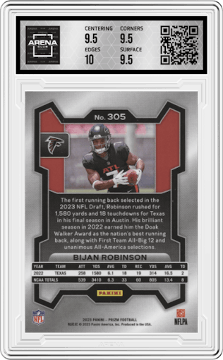 Bijan Robinson from the 2023 Panini Prizm set graded by Arena Club and given an overall grade of 10.