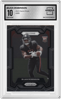 Bijan Robinson from the 2023 Panini Prizm set graded by Arena Club and given an overall grade of 10.