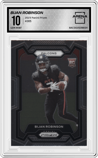 Bijan Robinson from the 2023 Panini Prizm set graded by Arena Club and given an overall grade of 10.