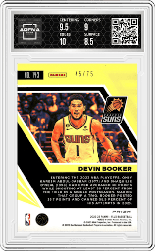 Devin Booker from the 2022-23 Panini Flux set featuring a Supernova parallel graded by Arena Club and given an overall grade of 9.