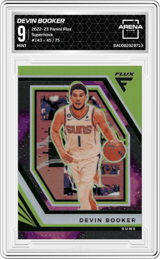Devin Booker from the 2022-23 Panini Flux set featuring a Supernova parallel graded by Arena Club and given an overall grade of 9.