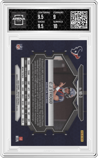 C.J. Stroud from the 2023 Panini Mosaic set graded by Arena Club and given an overall grade of 9.5.