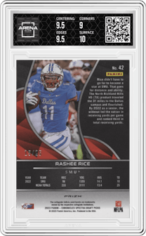 Rashee Rice from the 2023 Panini Chronicles Draft Picks set featuring a Splatter parallel graded by Arena Club and given an overall grade of 9.5.
