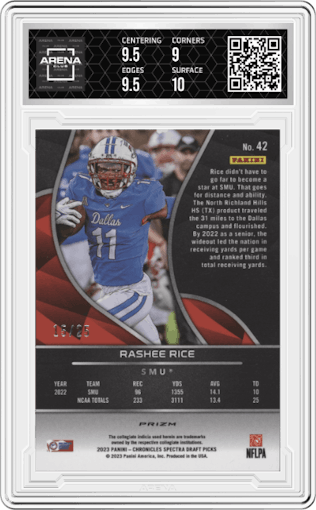 Rashee Rice from the 2023 Panini Chronicles Draft Picks set featuring a Splatter parallel graded by Arena Club and given an overall grade of 9.5.