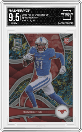 Rashee Rice from the 2023 Panini Chronicles Draft Picks set featuring a Splatter parallel graded by Arena Club and given an overall grade of 9.5.