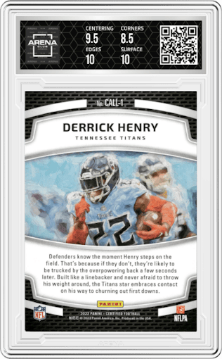 Derrick Henry from the 2023 Panini Certified set featuring a Mirror Bronze parallel graded by Arena Club and given an overall grade of 9.