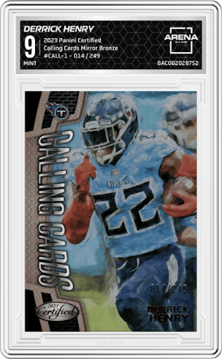 Derrick Henry from the 2023 Panini Certified set featuring a Mirror Bronze parallel graded by Arena Club and given an overall grade of 9.