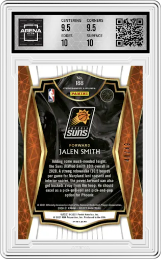 Jalen Smith from the 2020-21 Panini Select  set featuring a Disco Red parallel graded by Arena Club and given an overall grade of 10.