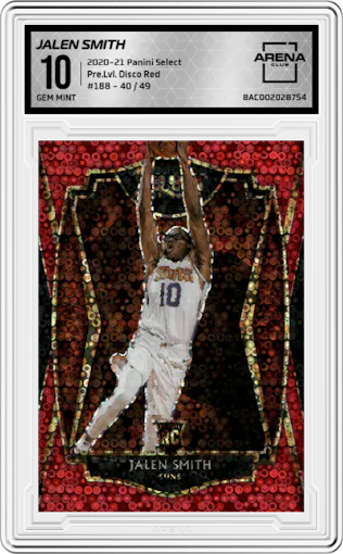 Jalen Smith from the 2020-21 Panini Select  set featuring a Disco Red parallel graded by Arena Club and given an overall grade of 10.