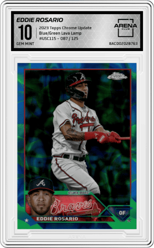 Eddie Rosario from the 2023 Topps Chrome Update set featuring a Blue/Green Lava Lamp parallel graded by Arena Club and given an overall grade of 10.