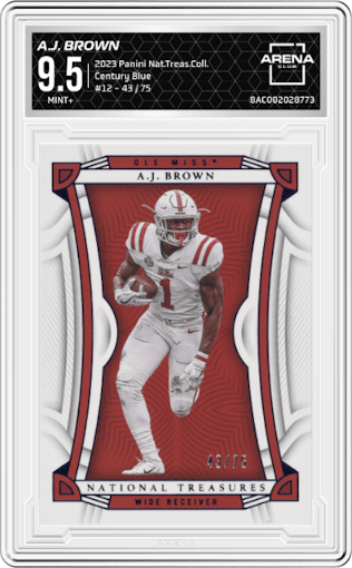A.J. Brown from the 2023 Panini National Treasures Collegiate set featuring a Century Blue parallel graded by Arena Club and given an overall grade of 9.5.