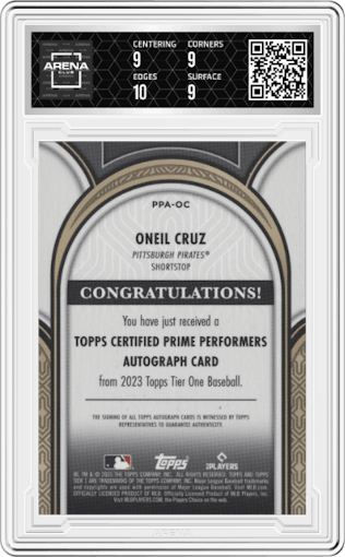 Oneil Cruz from the 2023 Topps Tier One set graded by Arena Club and given an overall grade of 9.5.