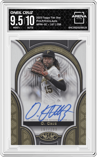 Oneil Cruz from the 2023 Topps Tier One set graded by Arena Club and given an overall grade of 9.5.