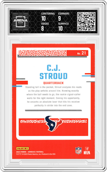 C.J. Stroud from the 2023 Panini Donruss set graded by Arena Club and given an overall grade of 8.5.